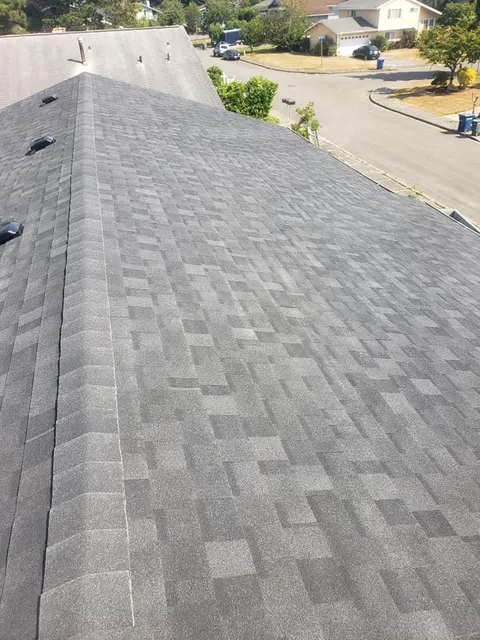 Completed asphalt shingle roof overlooking suburban Tacoma neighborhood